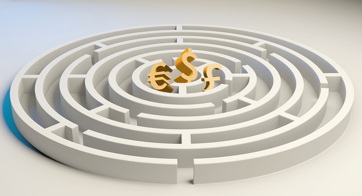 illustration of maze with currency symbols